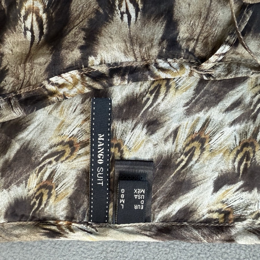 Mango MNG Suit Blouse Womens 8 Large Brown Silk Balloon Sleeve Peacock‎ Feather - Picture 11 of 15